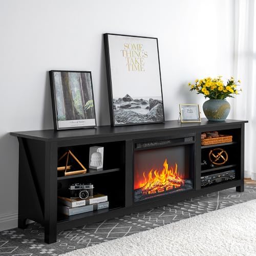 AMERLIFE Fireplace TV Stand, Wood Texture Entertainment Center with 23'' Electric Fireplace, Farmhouse Entertainment Stand Media TV Console for TVs Up to 80'', 70 inches, Black