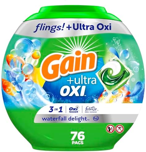 Gain flings Ultra Oxi Laundry Detergent Pacs 3-in-1 HE Compatible, Waterfall Delight Scent, 76 Count