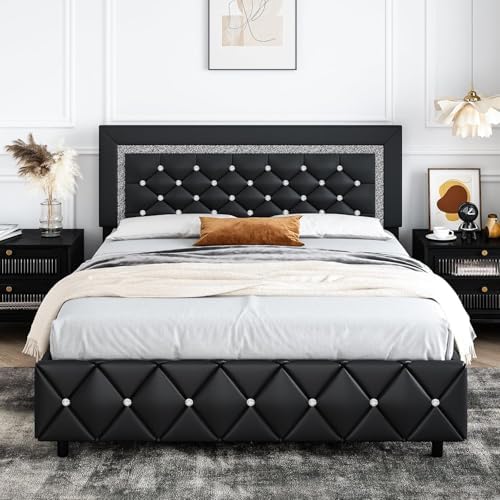 HOMBCK Queen Bed Frame with Diamond Headboard, Faux Leather Upholstered Platform Bed, Mattress Foundation, No Box Spring Needed, Easy Assembly, Black