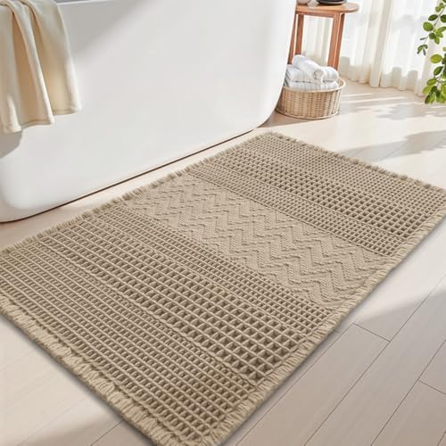 AMOAMI Waffle Bath-Mat, Super Absorbent Bath Mats for Bathroom, Boho Bathroom Rugs Non Slip Washable, Ultra Soft Bathroom-Mat with Tassels Bath Rugs for Floor Mat, 24" X 36" Brown