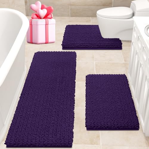 ACCUMTEK Upgrade Extra Large Dark Purple Bathroom Rug Set 3 Pieces Ultra Soft, Thick Absorbent Bath Mats, Non Slip Chenille Toilet Mat for Bathroom, Bedroom, Kitchen, Eggplant