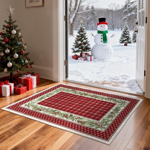GarveeHome 2x3 Christmas Runner Rug for Hallway: Machine Washable Christmas Runner Rugs for Kitchen with Non-Slip Backing, Hallway Entryway Washable Mat, Soft Low Pile Non-Slip Bathroom Mat 2*3 ft Red