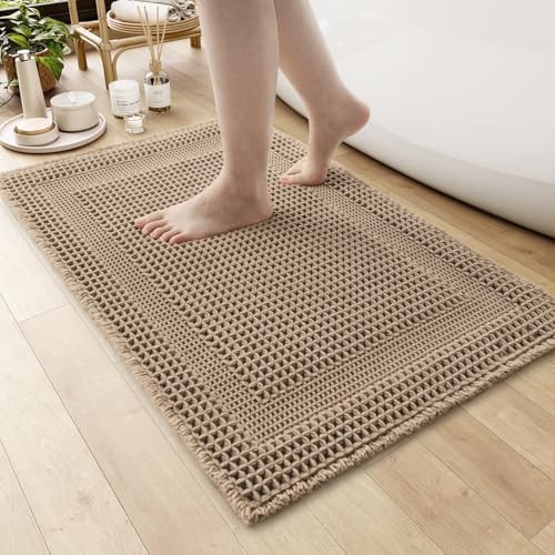 AMOAMI Waffle Bath-Mat, Absorbent Bath Mats for Bathroom Non Slip, Machine Washable Bathroom Rugs with Tassels Ultra Soft Boho Bath Rugs for Floor 17''x24'' Beige