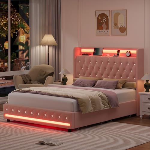 HIFIT Upholstered Full Size LED Bed Frame with Charging Station & 4 Storage Drawers, Velvet Crystal Button-Tufted Wingback Headboard, Princess Platform Bed Frames for Girls, No Box Spring Needed, Pink