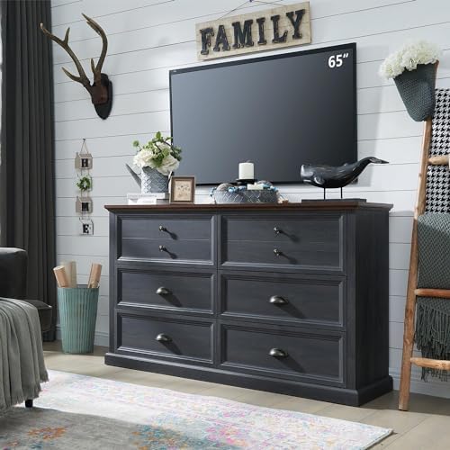 Farmhouse 6 Drawers Dresser for Bedroom, 58" Wide Dresser Chest of Drawers Organizer Storage, Wood Rustic for Closet w/Two Different Drawer Sizes for Living Room, Hallway, Dark Grey