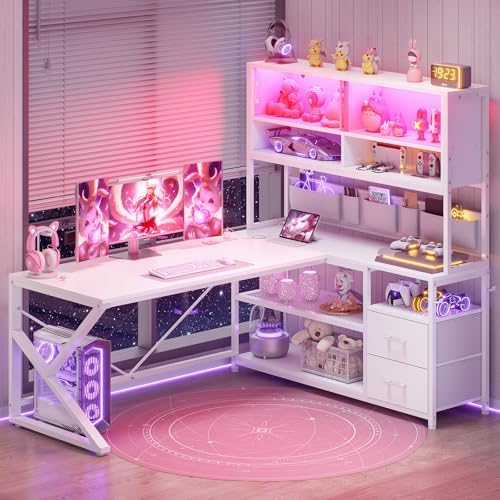 SEDETA L Shaped Gaming Desk, Home Office Computer Desk with 2 Drawer and Bookshelf, L Shaped Gaming Corner Desk with LED Light, Glass Cabinet,Storage Bag and Storage Shelves, White