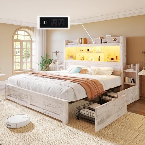 King Bed Frame with 49.6" Bookcase Headboard & 2 Bedside Stoage Racks & 4 Drawers, Farmhouse Wood Bed Frame with RGB LED & Charging Station, No Box Spring Needed, Distressed White