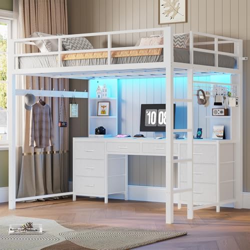 ADORNEVE Full Size Loft Bed with Desk and 8 Storage Drawers, Metal Loft Beds Full with LED Lights & Charging Sation, Heavy Duty Loft Bed Frame with 6 Storage Shelves, Space-Saving, Noise Free,White