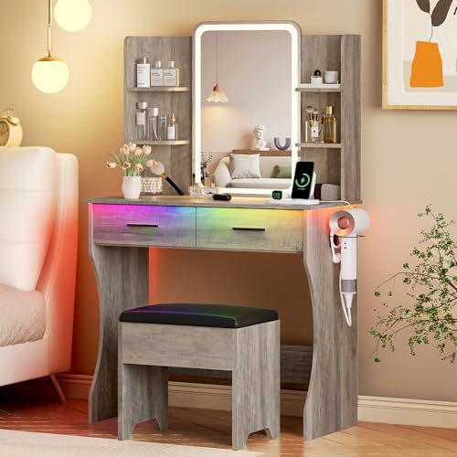 Vanity Desk with LED Lights Mirror & Power Outlet, Small Makeup Vanity Table Set with Storage Drawers & Chair, 3 Lighting Modes & Adjustable Brightness, Dressing Table for Women Girls Bedroom, Grey