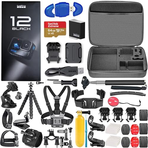 GoPro HERO12 (Hero 12) Black 5.3K, 27MP Photo Waterproof Action Camera Bundle with 64GB Card and 52 Piece Accessories Kit