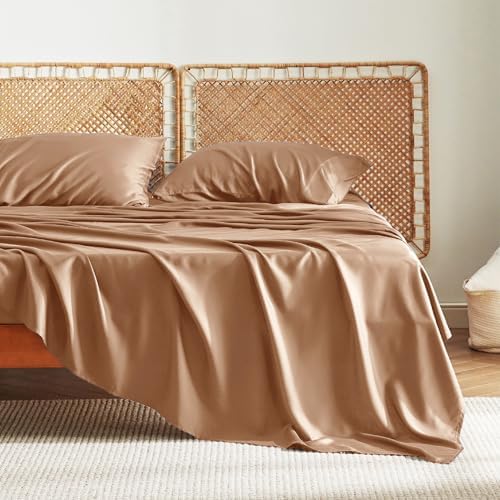 Bedsure Queen Sheet Set, Cooling Sheets for Queen Size Bed Set, Rayon Derived from Bamboo, Breathable & Soft Deep Pocket Up to 16 Inches, Hotel Luxury Silky Bedding, Bedsheet & Pillowcases, Taupe