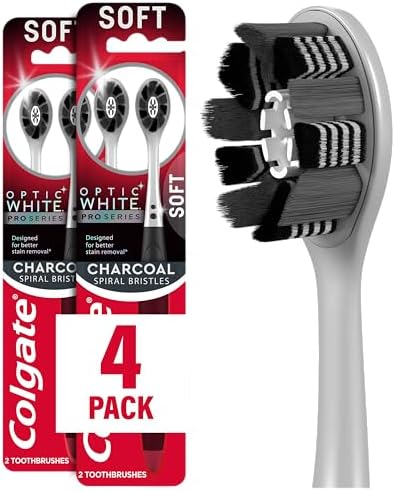 Colgate Optic White Pro Series Charcoal Toothbrushes, Adult Soft Toothbrushes with Charcoal Spiral Bristles, Helps Polish Away Surface Stains and Whitens Teeth, 4 Pack