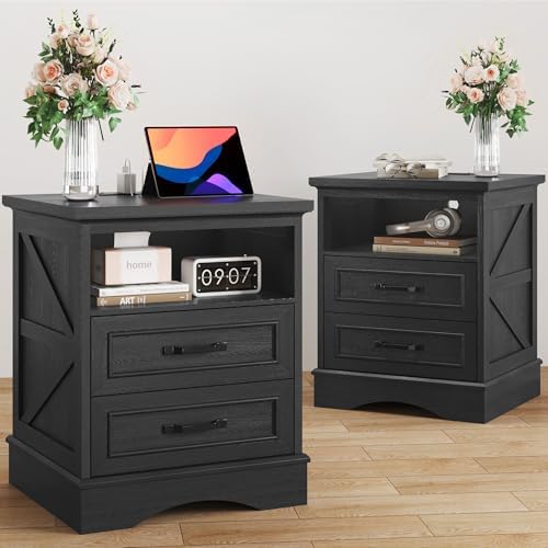 24” Tall Farmhouse Nightstands Set of 2, Night Stand with Charging Station, Beside Table with Drawers and Open Storage, Rustic End Tables for Bedroom, Antique Black