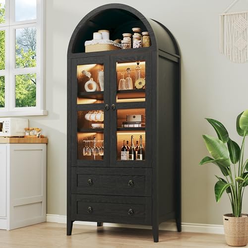 71" Tall Arched Kitchen Pantry, Arched Cabinet with LED Lights, Kitchen Storage Cabinets with 2 Large Drawers & Adjustable Shelves & Glass Door for Living Room, Dining Room, Black