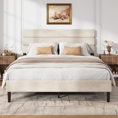 WLIVE Queen Size Upholstered Bed Frame, Velvet Square Tufted Headboard, Sturdy Metal & Wooden Slats Support, No Box Spring Needed, Beige