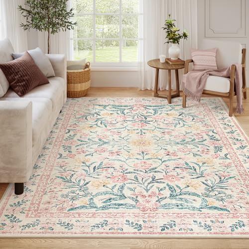 Wonnitar 8x10 Washbale Rugs for Living Room, Boho Pink Room Decor for Girls Bedroom, 8 x 10 Soft Non Slip Low Pile Indoor Floral Carpet for Kids Room Playroom Toddler Nursery