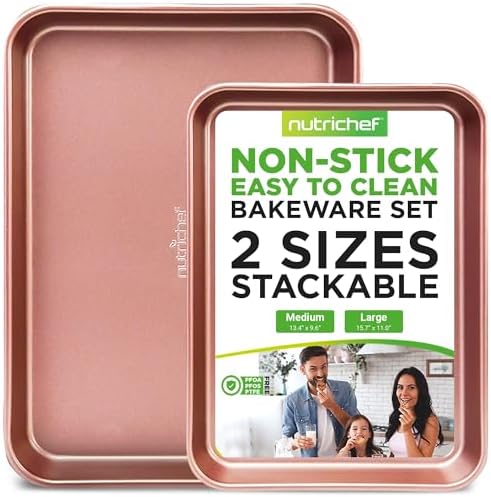 NutriChef 2-Piece Nonstick Cookie Sheets for Baking - Premium Medium & Large Size Baking Sheet Set - Thick Carbon Steel Bakeware Trays - Dishwasher Safe, Rose Gold