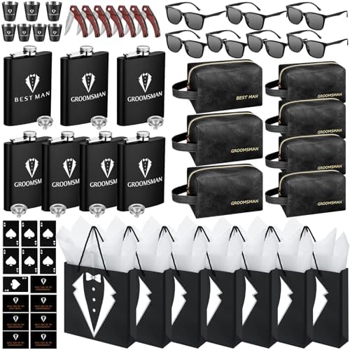 70Pcs Groomsmen Gifts Groomsmen Proposal Box with Flasks Sunglasses PU Leather Toiletry Bag Bottle Opener for Wedding Groomsman Best Man Gift (Black)