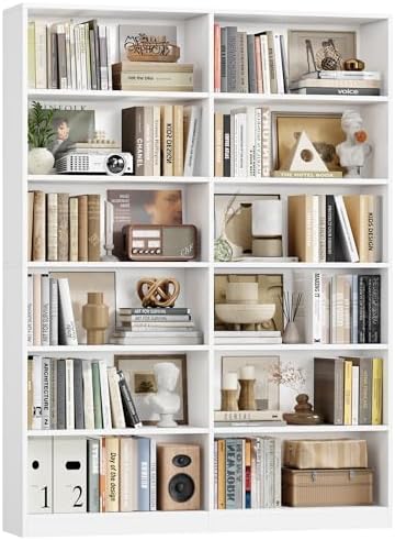 FACBOTALL Bookshelf and Bookcase, 6-Tier Double Wide Bookshelves,Freestanding Display Storage Shelves, Tall Bookcases for Home Decor Bedroom, Living Room, Home Office,White