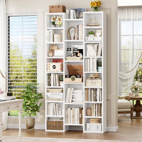 FOTOSOK 71โโWhite Bookshelf, Triple Wide Bookshelf with Adjustable Shelves, 8 Tier Media CD DVD Storage Tower Rack, Diaplay Cabinet Shelf, Tall Bookcase for Home Office, White