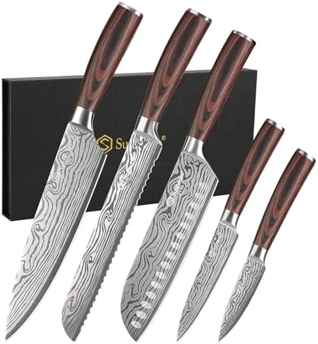 Sunnecko Kitchen Knife Set 5 Piece Chef Knife Set Professional High Carbon Stainless Steel, Sharp Kitchen Knives with Wooden Handle