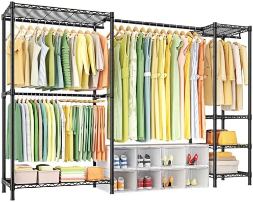 Ulif E10 Clothes Rack(With Stretchable Hanger Rod)Freestanding Clothing Racks for Hanging Clothes,Adjustable Closet Organizer System,Portable Garment Rack 73-97"W x 15" D x 72" H,Max Load 800LBS,Black