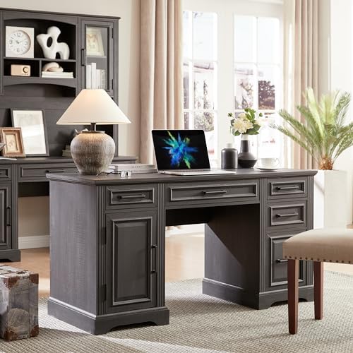 JXQTLINGMU 58 Inch Large Computer Desk with Drawers, Embossed Texture Home Office Desk, Workspace for Work Study Writing, Black