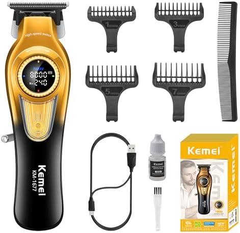 KEMEI 1677 Beard Trimmer for Men, Professional Hair Clippers, Cordless Barber Clipper with LED Display, DLC T-Blade Hair Trimmer, 8000 RPM Turbo Brushless Motor