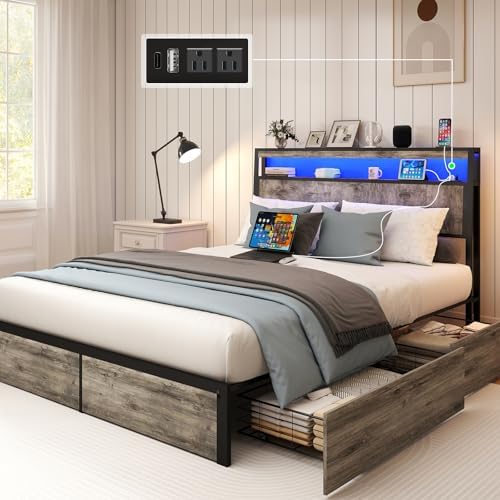 SADENICEL Full Size Bed Frame with Storage Headboard, Metal Platform Full Bed Frame Wood with 4 Drawers, LED Light, Charging Station, No Box Spring Needed, Noise Free, Easy Assembly, Grey