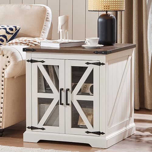 24" End Table with Charging Station, Farmhouse Night Stand with Glass Barn Door, White Nightstands with Adjustable Storage Shelf, Large Wood Square Bed Side Table for Living Room,Bedroom