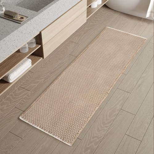 Checkered Bath Mat Runner, Super Absorbent Non Slip Bathroom Runner Rug Modern Two Tone Woven Washable Runners for Hallways Entryway Bedroom Laundry Room Kitchen Under Sink, 2' x 5', Brown & Cream