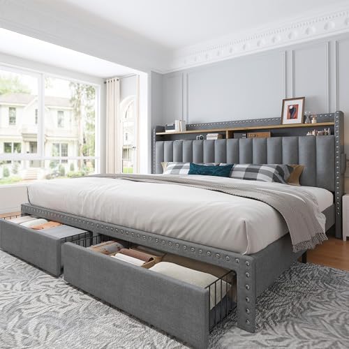 EnHomee King Size Bed Frame with 2-Tier Storage Headboard, Upholstered Platform Bed Frame with 2 Storage Drawers, Sturdy Wooden Slats Support, Noise-Free, No Box Spring Needed, Grey
