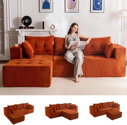 MAXYOYO Modular Sectional Sofa Couch, L Shaped Modern Cloud Couch with 1 Ottoman, Sofa in A Box, Tufted 4-Seat Boneless Sleeper Chair for Living Room, No Assembly Required, Orange