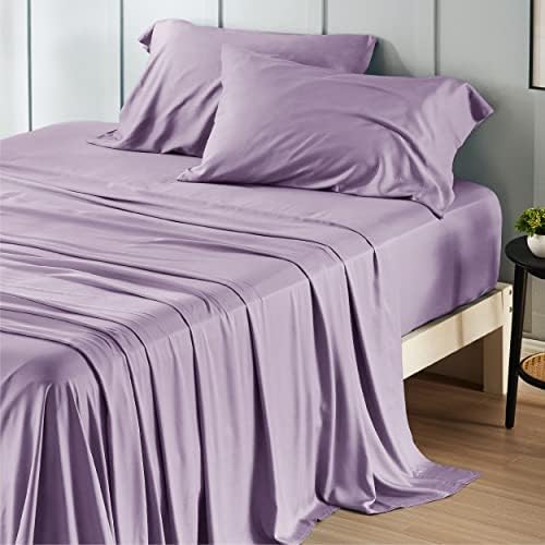 Bedsure Queen Sheet Set, Cooling Sheets for Queen Size Bed Set, Rayon Derived from Bamboo, Breathable & Soft Deep Pocket Up to 16 Inches, Hotel Luxury Silky Bedding, Bedsheet & Pillowcases, Lilac