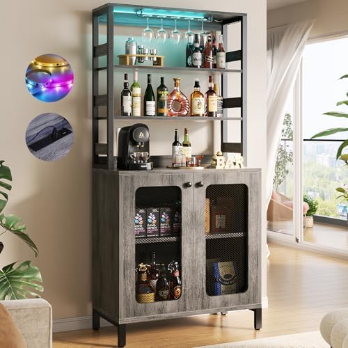 Aheaplus Bar Cabinet with Power Outlets, 67" Tall Wine Bar Cabinet Liquor Cabinet with LED Lights and Glass Holder, Coffee Bar Station for Living Room, Microwave Stand Bakers Rack Cabinet, White Oak
