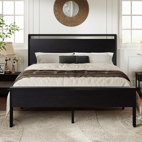 Allewie Full Size Platform Bed Frame with Wooden Headboard and Footboard, Heavy Duty 12 Metal Slats Support, No Box Spring Needed, Under-Bed Storage, Noise Free, Easy Assembly, Black Oak