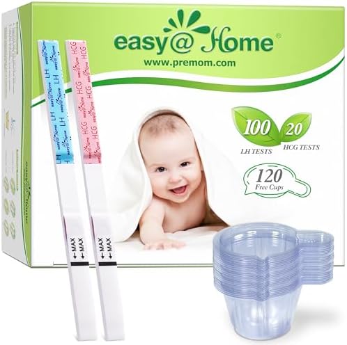 Easy@Home 100 Ovulation Test and 20 Pregnancy Test Strips, FSA Eligible Ovulation Test Kit Powered by Premom Ovulation Predictor Free APP,100LH + 20HCG + 120 Urine Cups-Package May Vary