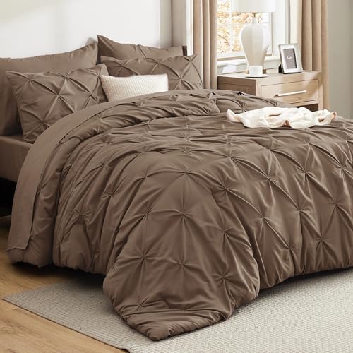 Bedsure Queen Comforter Set Brown - Bed in a Bag Queen Size 7 Pieces, GentleSoftβ’ Pintuck Bed Set Gift for Family, Pinch Pleat Brown Comforter with Sheets, Pillowcases & Shams