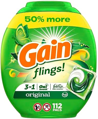 Gain FLINGS Laundry Detergent Pacs, Original Scent, 3 in 1 HE Detergent Pacs with Oxi Boost and Febreeze, 112 Count, Gain Laundry Detergent, Laundry Pacs