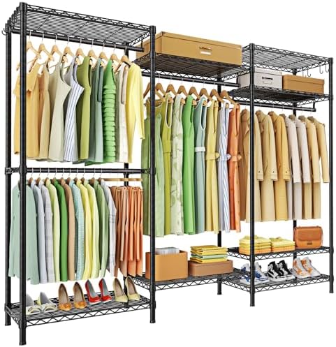 Ulif E13 Heavy Duty Clothes Rack(With 4 Hanger Rods & 8 Shelves) Freestanding Clothing Racks for Hanging Clothes,Adjustable Closet Organizer,Metal Garment Rack 63" W x16 D x77 H,Max Load 900LBS,Black