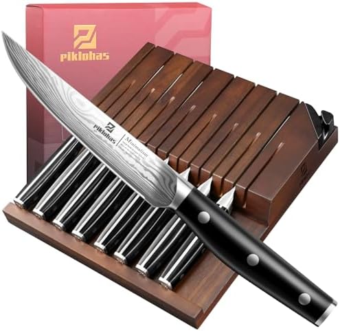 Steak Knives Set of 8 with Drawer Organizer Built-in Sharpener, 4.6 Inch Non Serrated Dinner Knife, Forged German Steel Damascus Pattern Straight Edge Meat Knife with Full Tang Handle, Black