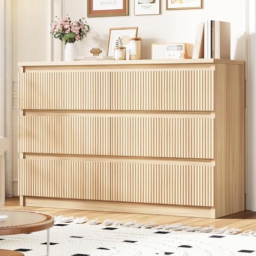 6 Drawer Dresser for Bedroom, Boho Fluted Dresser with Deep Drawers, Large Double Natural Wood Chest of Drawers for Living Room, Hallway, Entryway (Wood)