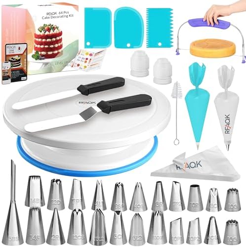 RFAQK 64 PCs Cake Decorating Kit for Beginners Includes Video Course, Booklet + Baking Supplies Gift - Cake Stand, Leveler, 24 Numbered Piping Tips, Straight & Offset Spatula, & Scraper sets