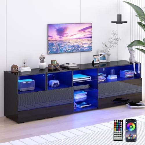 LED TV Stand for 85/75/65 Inch TV, High Glossy Modern TV Console Entertainment Center with Storage and LED Lights for Living Room, Bedroom, Black