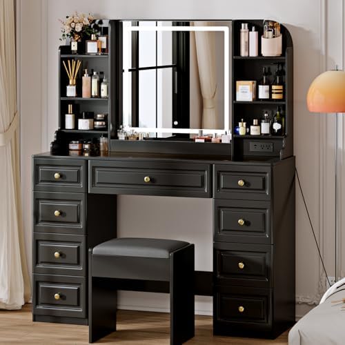 42" Makeup Vanity Desk with Mirror and Lights, & Power Outl, Glass Top Big Vanity Table with 9 Drawers& 8 Storage Shelves, Dressing Table Set with Chair for Bedroom, Black
