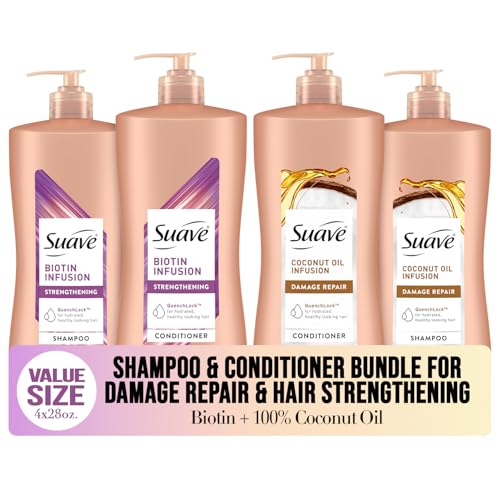 Suave Shampoo and Conditioner Set, Coconut Oil Infusion + Biotin Infusion – Hair Repair & Strengthening Hair Care Bundle, 28 Oz Ea (4 Piece Set)