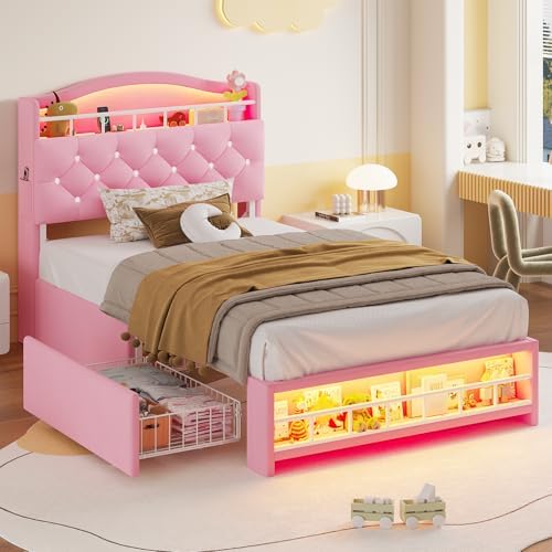 Twin Size Bed Frame with LED Lights & 4 Drawers, Princess Velvet Upholstered Platform Bed for Girls, Headboard with Charging Station & Guardrail & Crystal Button, No Box Spring Needed, Pink