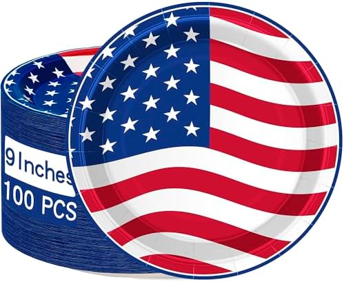 QZYL 100 Pcs 4th of July Plates, 9 Inches American Flag Plates for Fourth of July Party Supplies, Disposable Round Patriotic Party Dinnerware, Red White Blue Independence Day Decorations