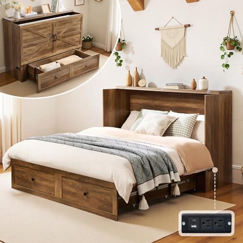 Queen Murphy Bed with Storage and Charging Station, Farmhouse Cabinet Bed, Noise-Free, for Guest Room, Apartment, or Office, Barnwood
