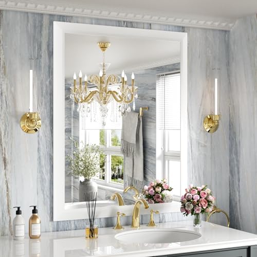Amorho Bathroom Mirror, 28x36 Inch White Thick Metal Framed Wall Mirrors for Over Sink, Bedroom, Living Room, Entryway, Rectangle Wall-Mounted Mirrors(Horizontal/Vertical).
